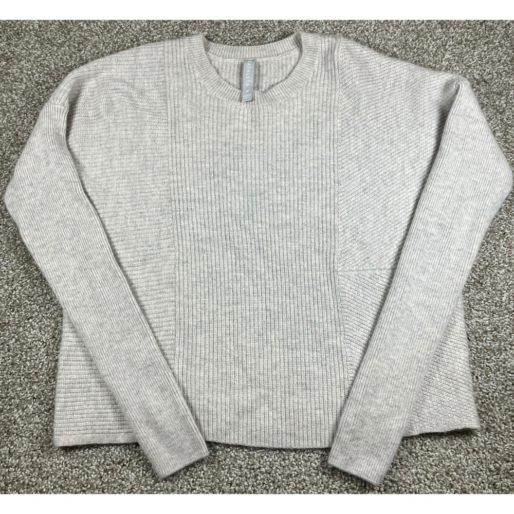 Athleta Wool Cashmere Blend Rib Knit Sweater Oatmeal Heather Gray Medium Boxy